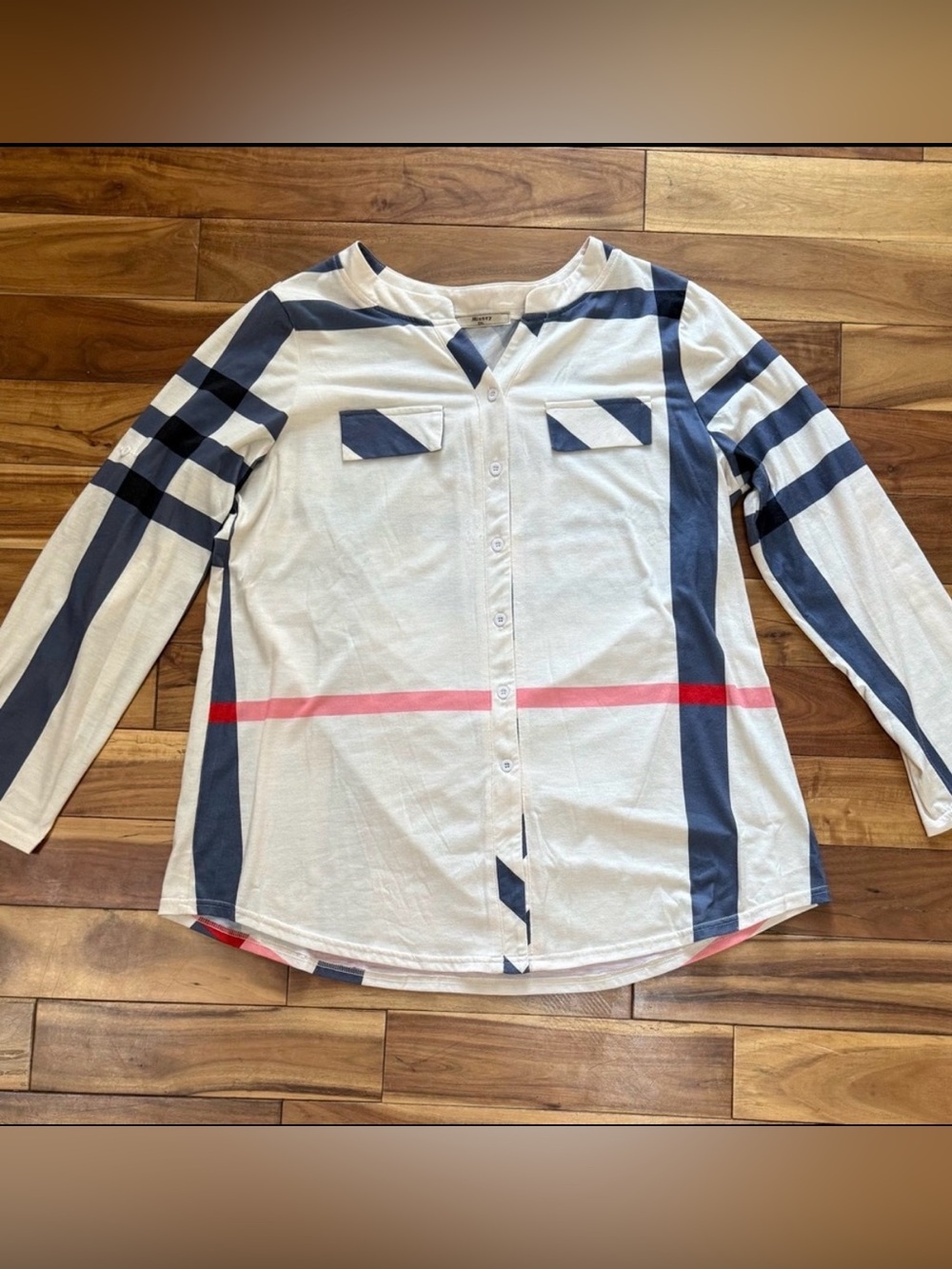 Womens Cream with Navy stripes Button-Front Top